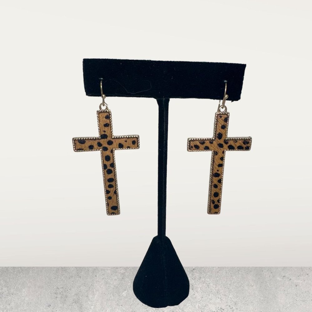 Leather and Gold Leopard Cross earrings